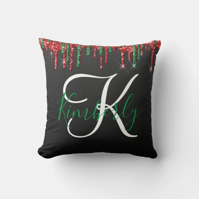 Christmas Glitter Monogram on Black Throw Pillow (Front)