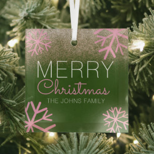 Christmas Glitter Pink Snowflakes Glass Ornament
