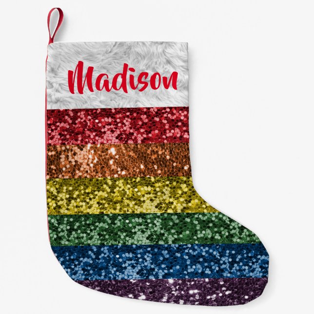 Christmas Glitter Rainbow Pride Personalized Small Christmas Stocking (Front)