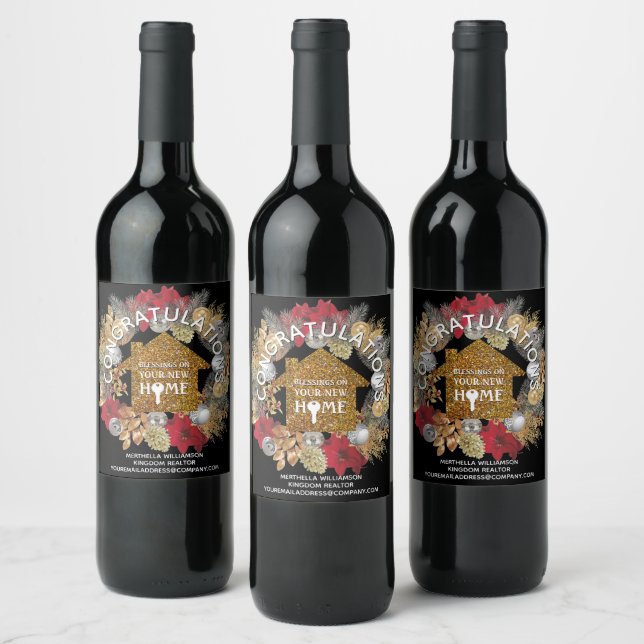 CHRISTMAS Glitter Realtor Client New Home Wine Label (Bottles)