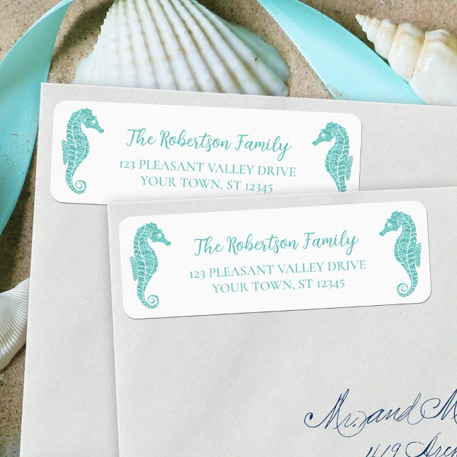 Christmas Glitter Seahorses Aqua Return Address Label (Creator Uploaded)