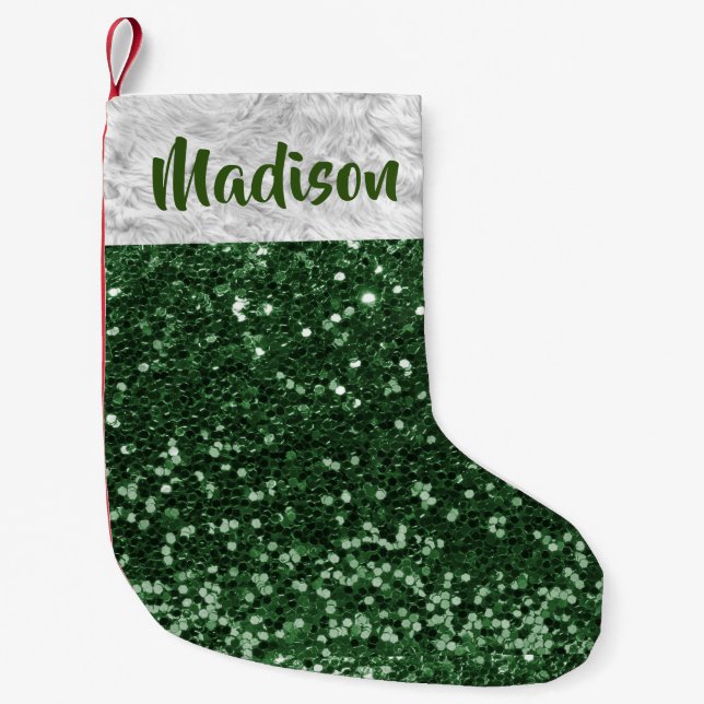 Christmas Glitter Sequin Glam Green Personalized Small Christmas Stocking (Front)