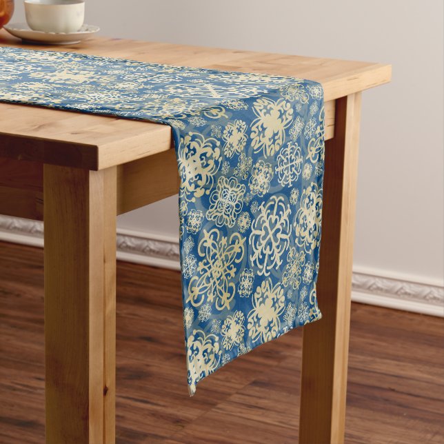 Christmas Glitter-Snowflakes-Blue/Gold Long Table Runner (In Situ)