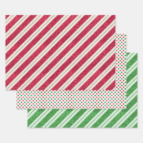 Christmas Glitter Stripes and Polka Dots Set of 3 Wrapping Paper Sheets