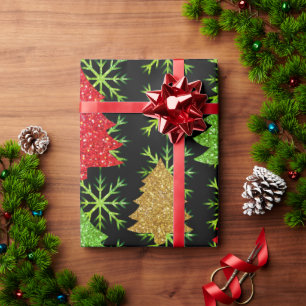 Christmas glitter trees and golden snowflakes wrapping paper
