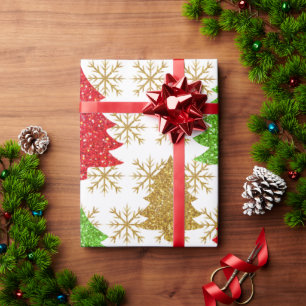 Christmas glitter trees and golden snowflakes wrapping paper