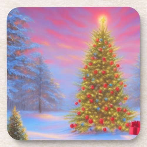 Christmas glory decorated Christmas tree in nature Beverage Coaster