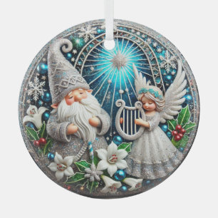Christmas Gnome and Angel playing a harp Glass Ornament