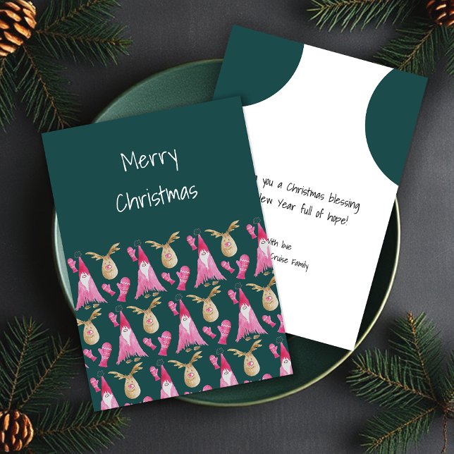 Christmas Gnome And Reindeer In Green Pink Holiday Card (Creator Uploaded)