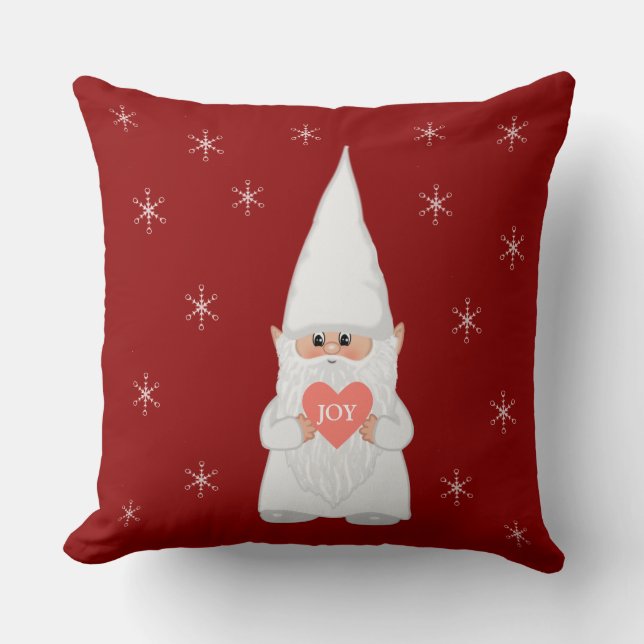 Christmas Gnome and Snowflakes on Crimson Red Throw Pillow (Front)