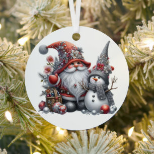 Christmas Gnome and Snowman Metal Ornament