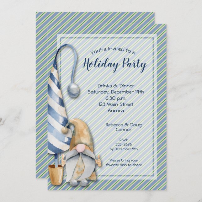 Christmas Gnome and Stripes Holiday Invitations (Front/Back)