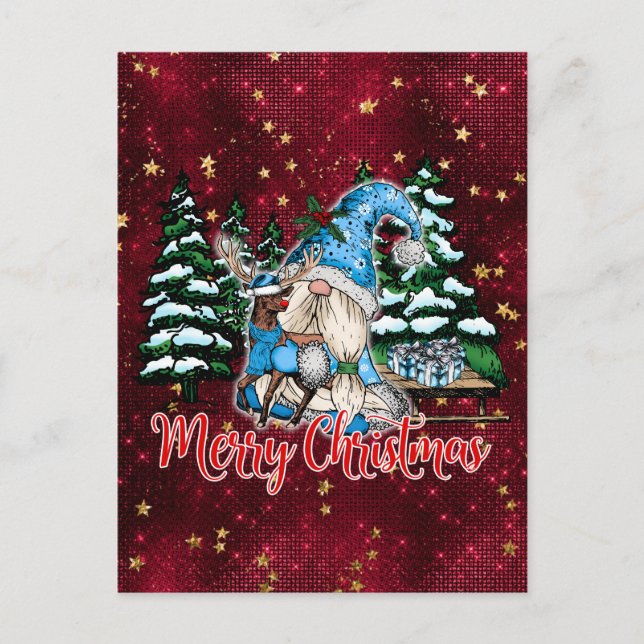 Christmas Gnome Burgundy Red Stars  Postcard (Front)