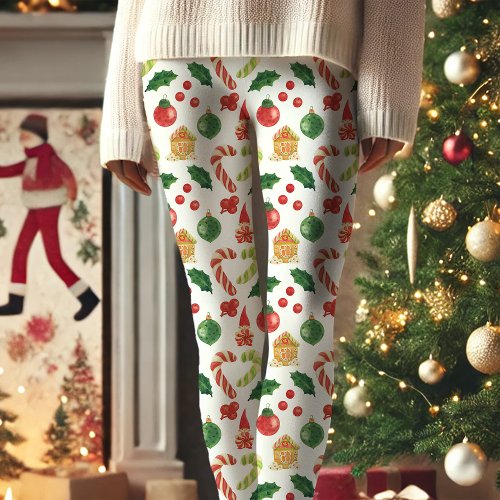 Christmas Gnome Candy Cane Holly Pattern Capri Leggings