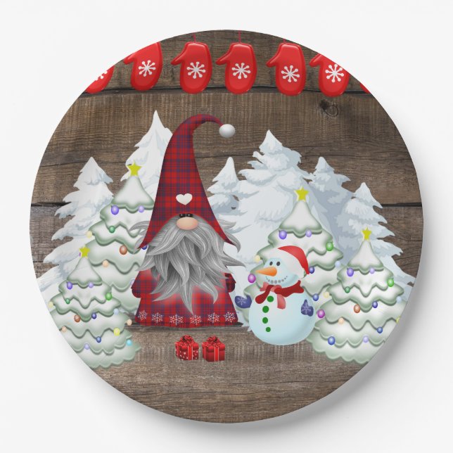 Christmas Gnome Christmas Trees Snowman Paper Plates (Front)