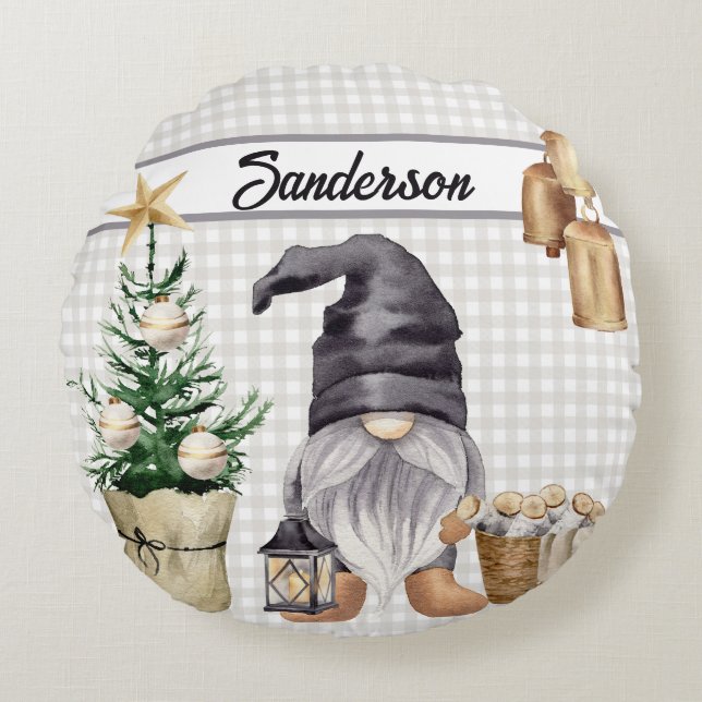 Christmas Gnome Country Farmhouse  Buffalo Plaid Round Pillow (Front)