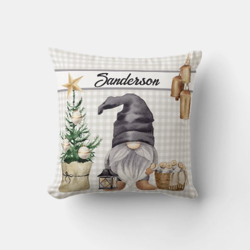 Christmas Gnome Country Farmhouse  Buffalo Plaid Throw Pillow