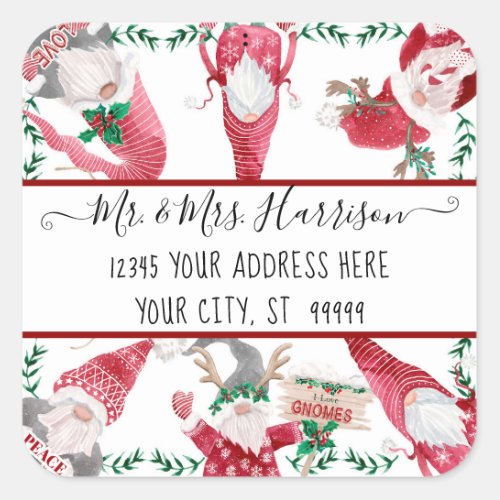 Christmas Gnome Deer Antler Red Watercolor Address Square Sticker