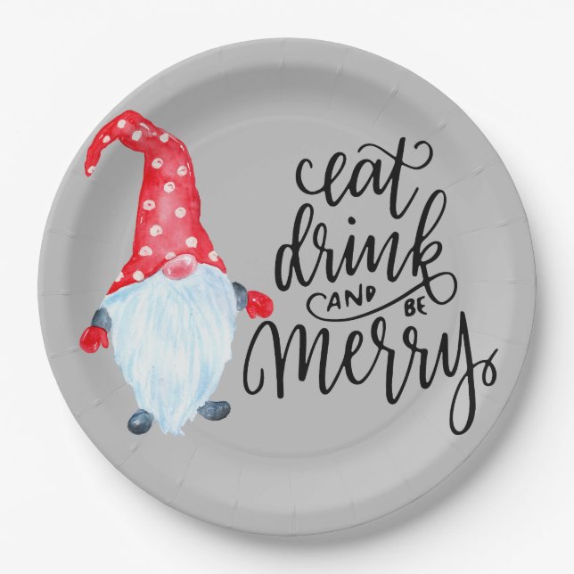 Christmas Gnome Eat Drink Be Merry  Paper Plates (Front)