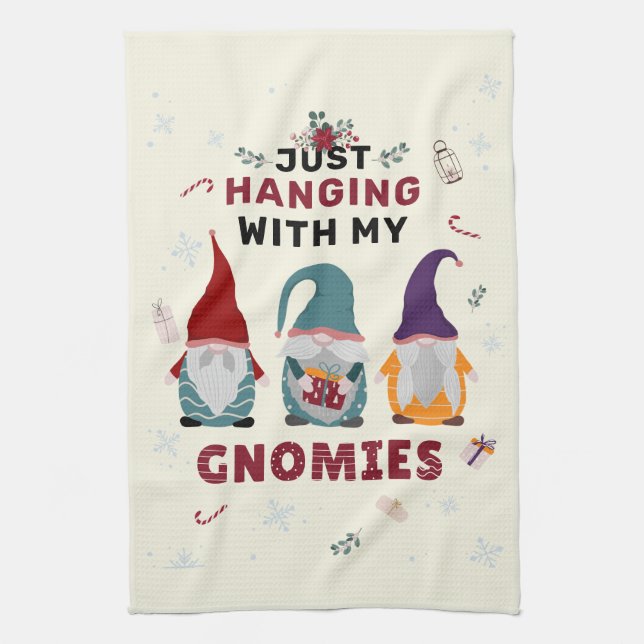 Christmas Gnome Family Cute Hanging Out Gnomies Kitchen Towel (Vertical)