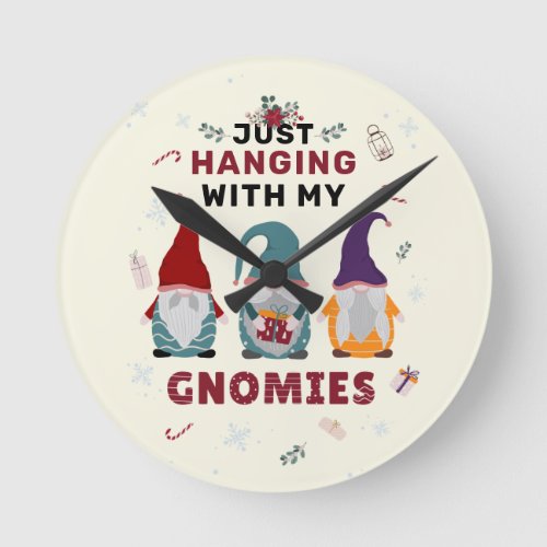 Christmas Gnome Family Cute Hanging Out Gnomies Round Clock