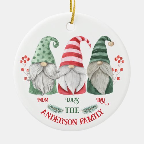 Christmas gnome family name kids ceramic ornament