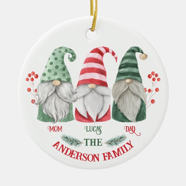 Christmas gnome family name kids ceramic ornament (Front)