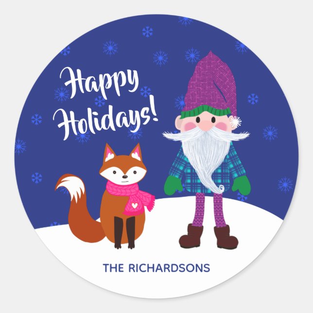 Christmas Gnome Fox Snowflakes Midnight Blue Classic Round Sticker (Front)