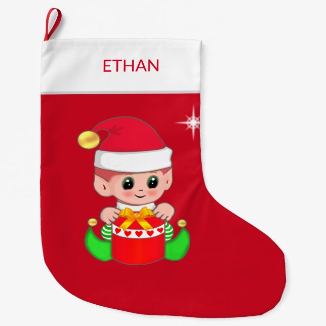 Christmas gnome & gift box on red large christmas stocking (Front)