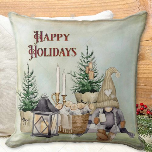 Christmas Gnome Girl Coffee Rustic Cabin Look Throw Pillow