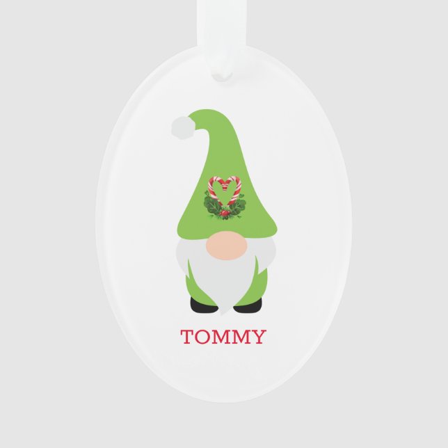 Christmas Gnome Green NAME Happy Holidays Year Fun Ornament (Front)