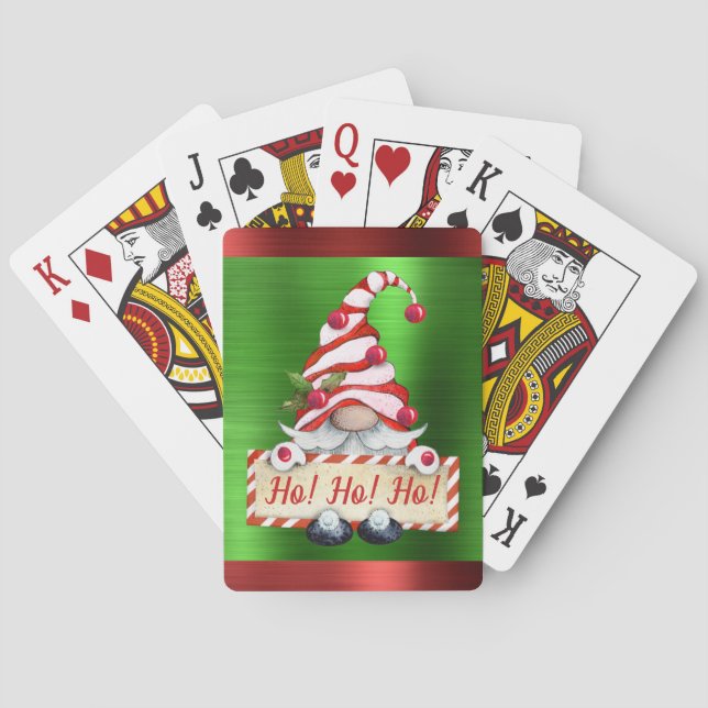 Christmas Gnome Ho! Ho! Ho! Red Green Metallic Poker Cards (Back)