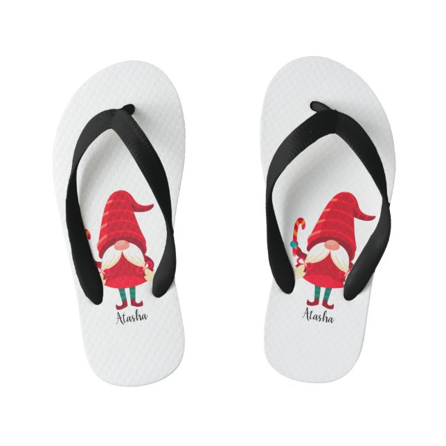 Christmas Gnome Holding A Candy Cane Kid's Flip Flops (Footbed)