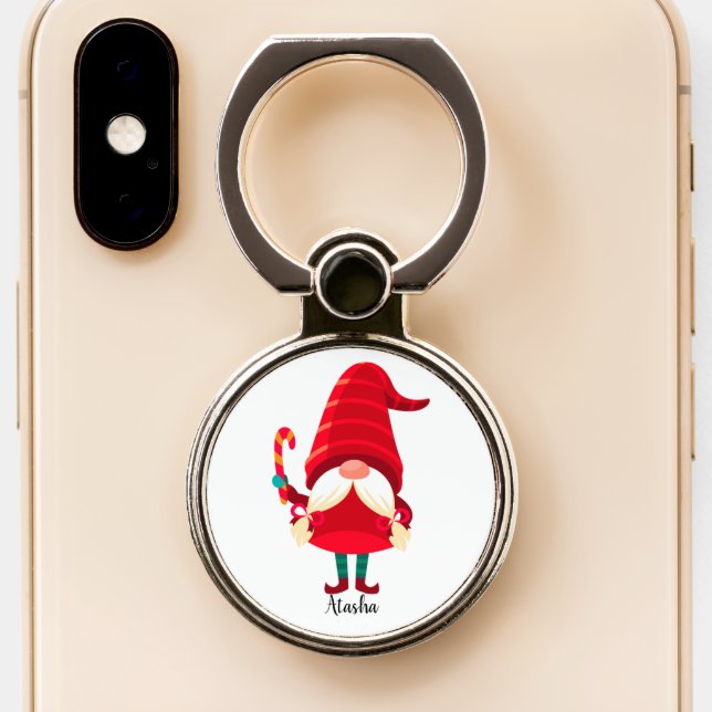 Christmas Gnome Holding A Candy Cane Phone Ring Stand (Close Up)