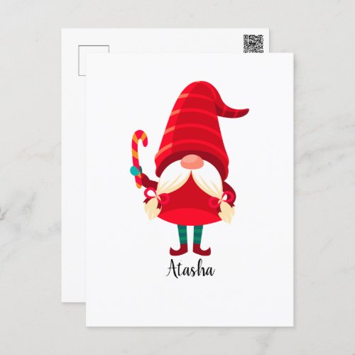 Christmas Gnome Holding A Candy Cane Postcard
