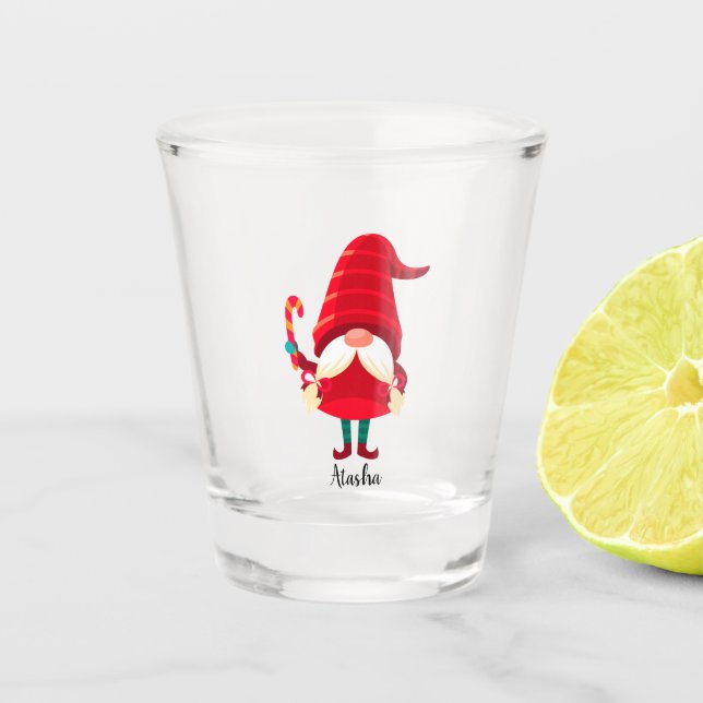 Christmas Gnome Holding A Candy Cane Shot Glass (Front)