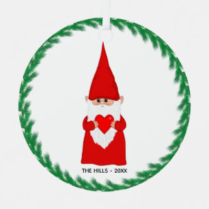 Christmas Gnome Holding a Heart Metal Ornament