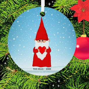 Christmas Gnome Holding a Heart Metal Ornament