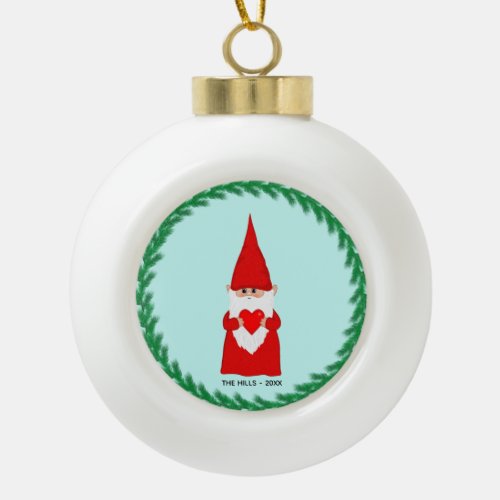 Christmas Gnome Holding a Heart on Light Blue Ceramic Ball Christmas Ornament