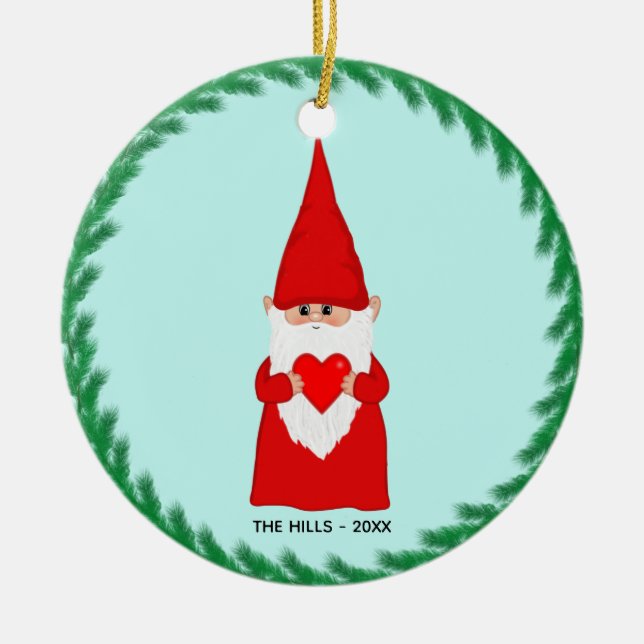Christmas Gnome Holding a Heart on Light Blue Ceramic Ornament (Front)