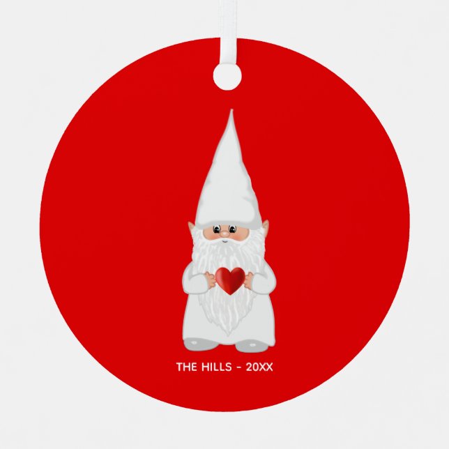 Christmas Gnome Holding a Heart on Red Metal Ornament (Front)