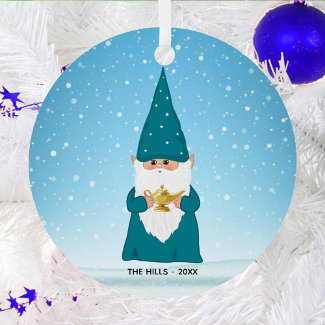 Christmas Gnome Holding a Magic Lamp Ceramic Ornam