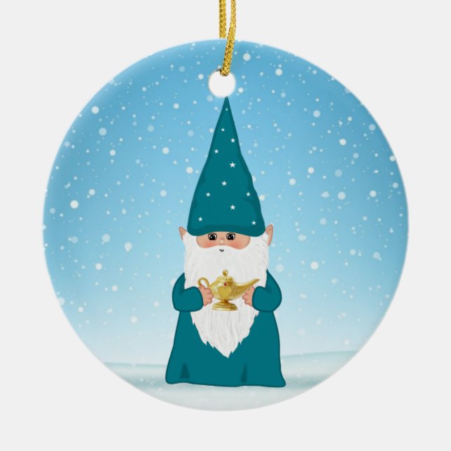 Christmas Gnome Holding a Magic Lamp Ceramic Ornament (Front)