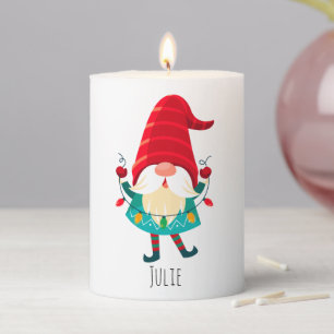 Christmas Gnome Holding Christmas Lights Pillar Candle