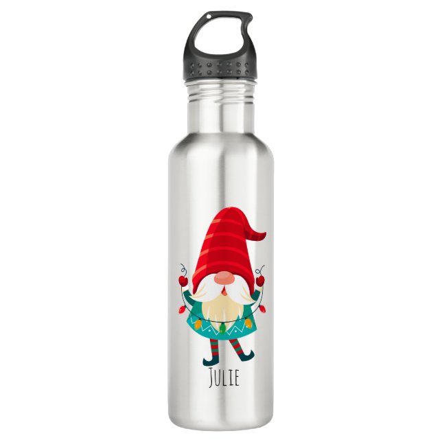 Christmas Gnome Holding Christmas Lights Stainless Steel Water Bottle (Front)