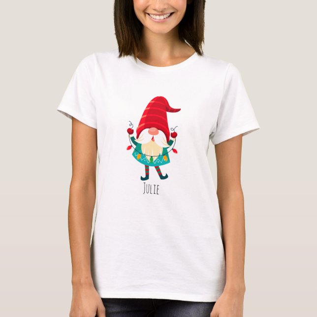 Christmas Gnome Holding Christmas Lights T-Shirt (Front)