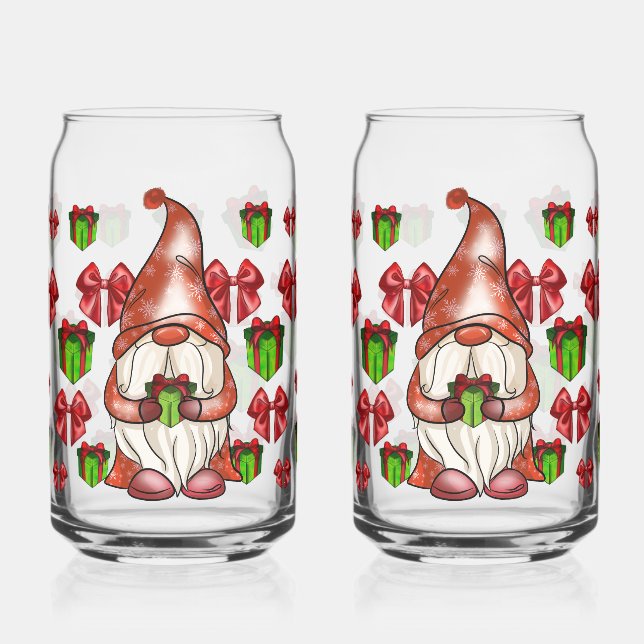 Christmas Gnome Holding Gift | Festive Can Glass (Left)