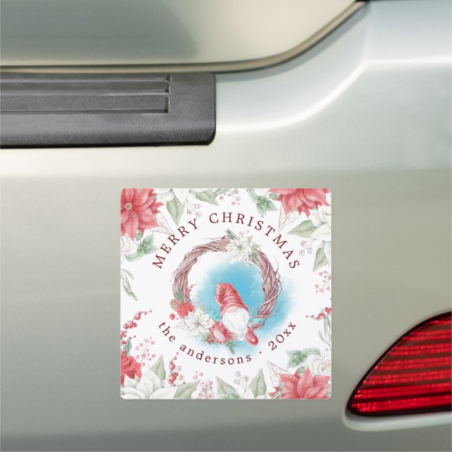 Christmas gnome holiday elegant floral car magnet (In Situ)