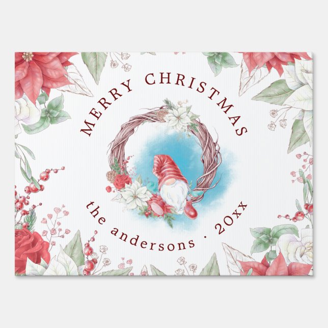 Christmas gnome holiday elegant floral monogram sign (Front)