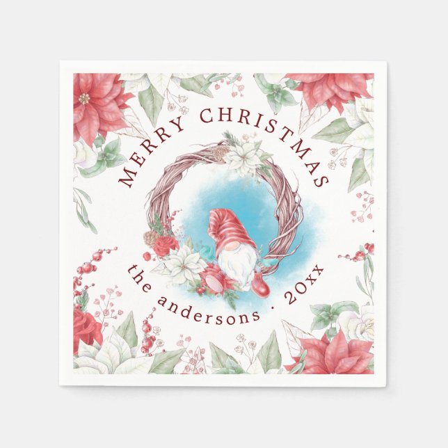 Christmas gnome holiday elegant floral napkins (Front)
